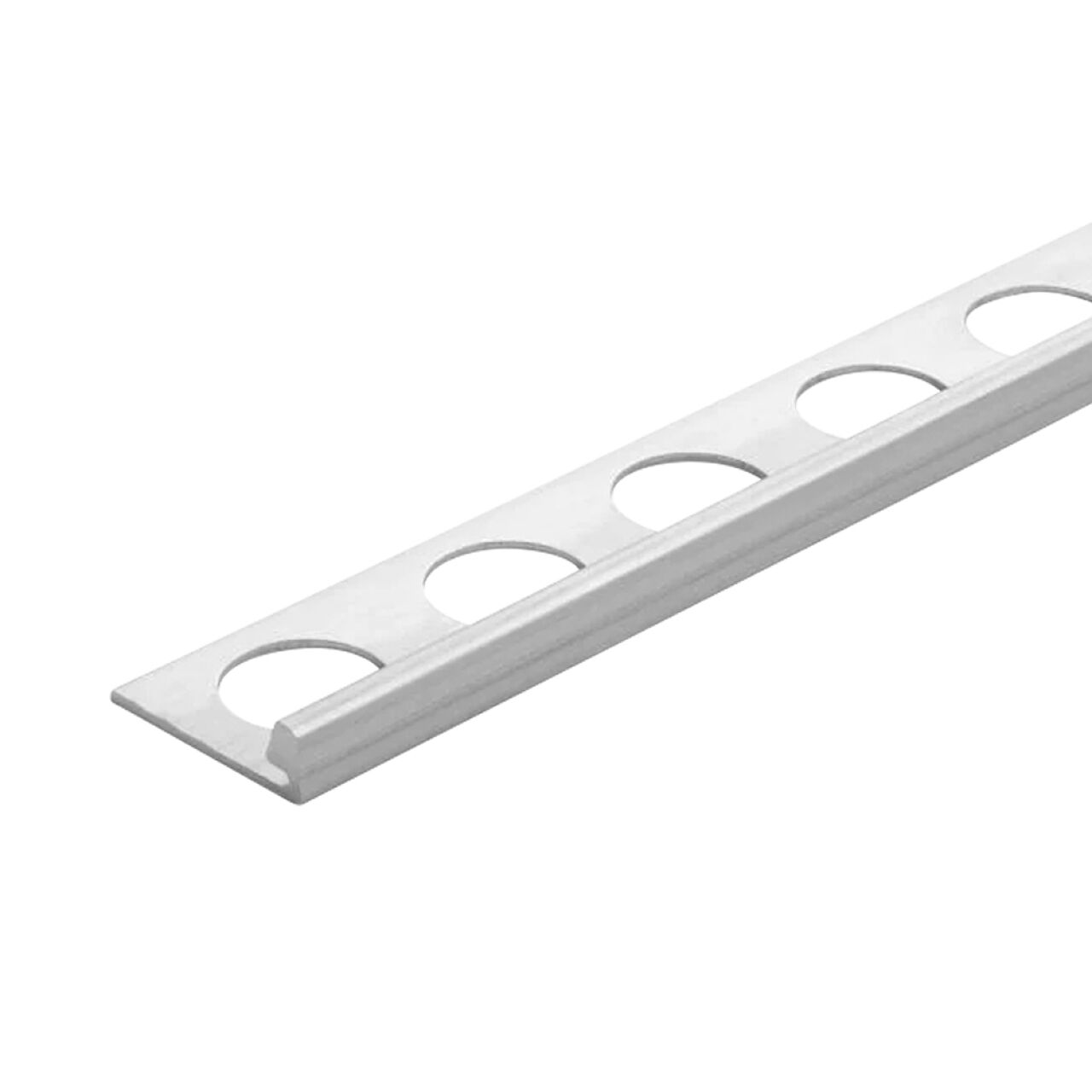 The Go Build 5/16 in. x 98-1/2 in. Aluminum L-Shaped Metal Tile Edging Trim in Bright White features a flat base with circular holes and a slightly raised rounded edge, ideal for finishing and protecting tile edges.